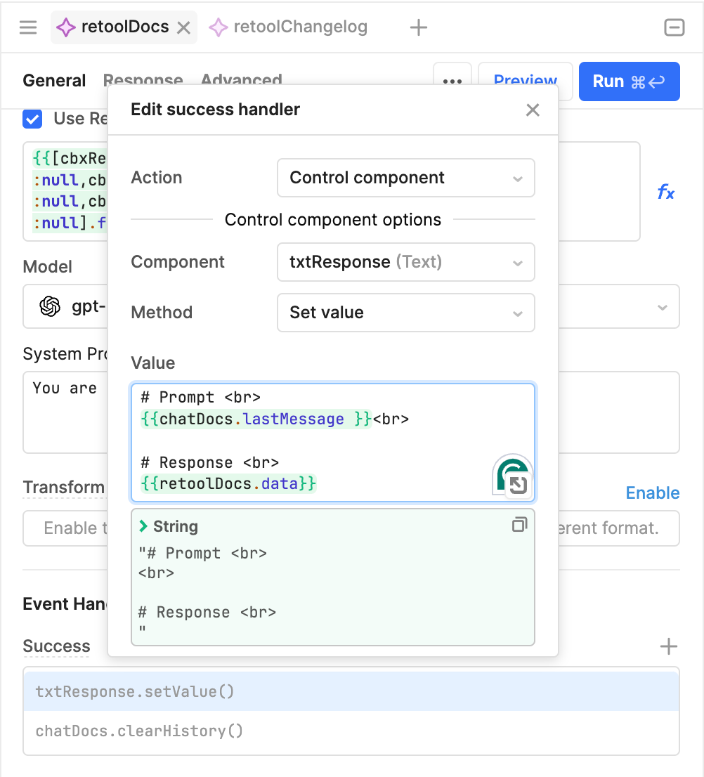 Using an event handler in Retool to change the value of a textbox. Markdown is being used to format the text.