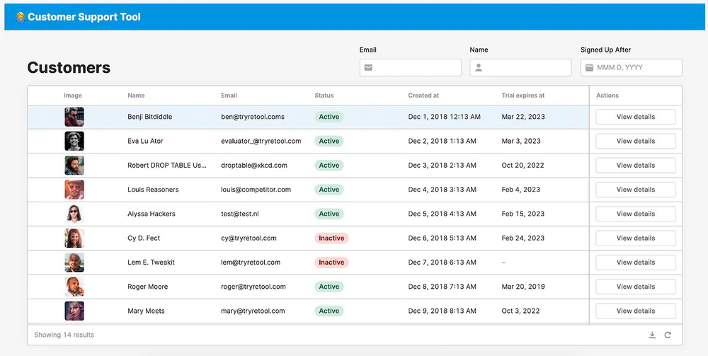 A basic customer support tool in Retool