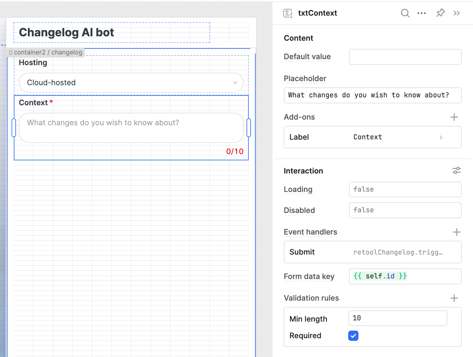 Text component input set required with a minimum length.