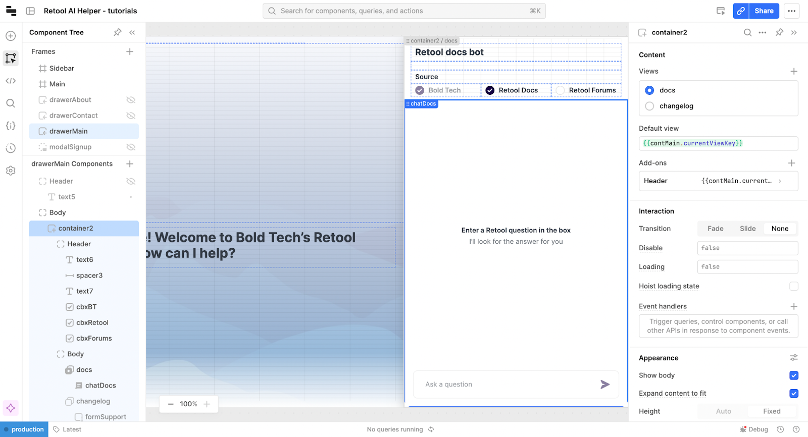 A Retool app with the Component Tree on the left and a container with it's Inspection pane on the right.