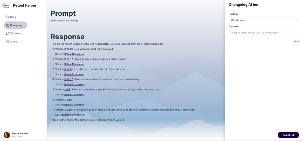 The changelog section of a Retool chatbot containing title, dropdown component and textbox.