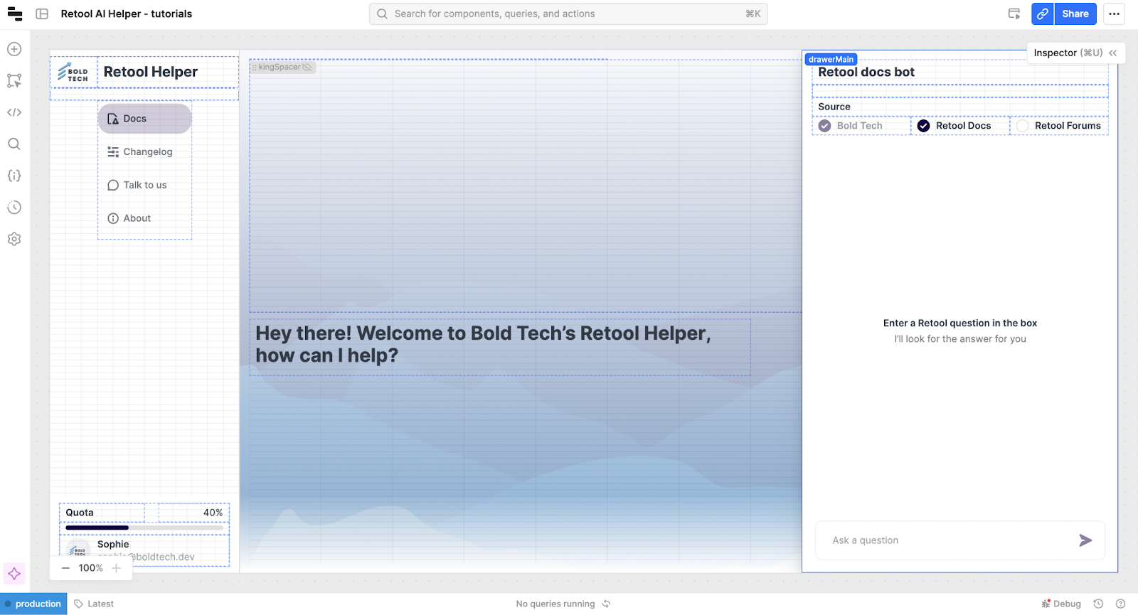 A Retool app with a menu on the left built in a sidebar frame and a chat on the right in a drawer frame