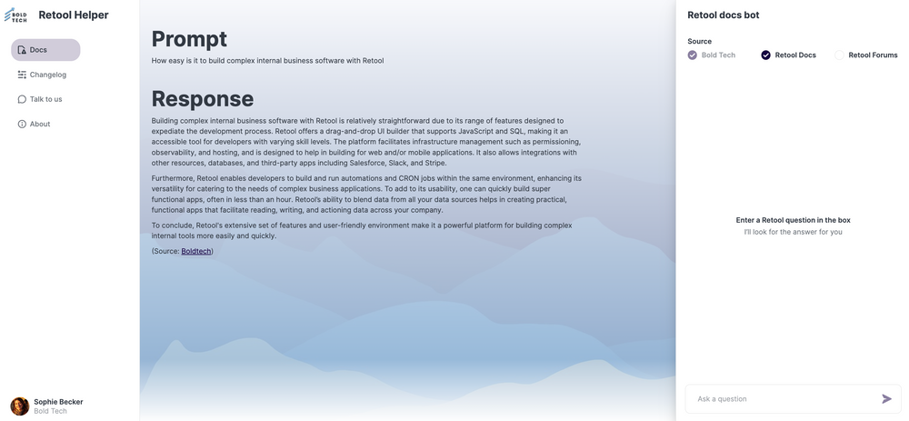An example of the Retool docs bot.