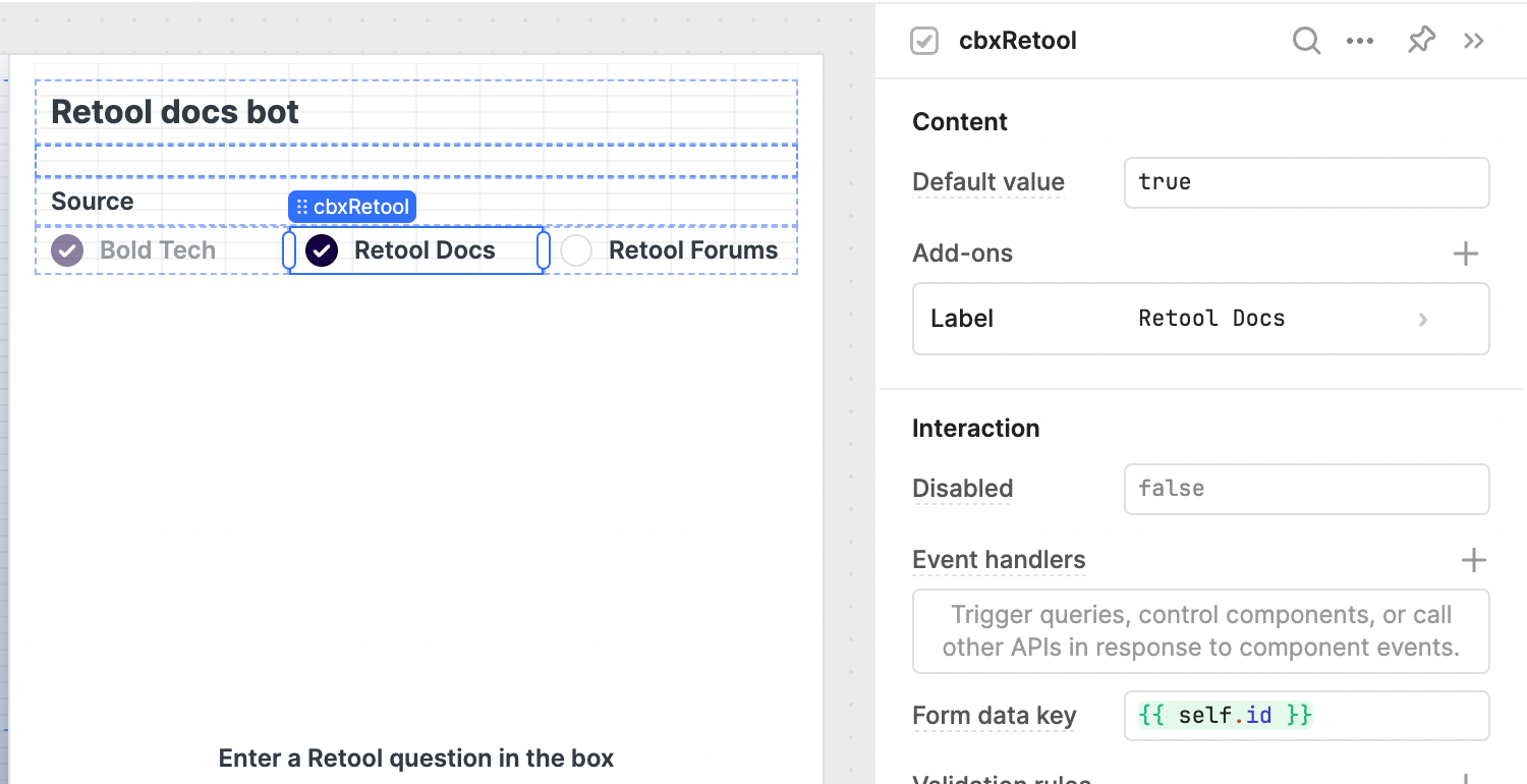 Using checkbox components in a Retool app to allow users to select which resources a chatbot uses.