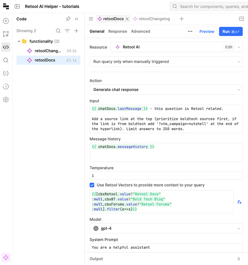 A simple AI query in Retool with Generate chat response action selected.