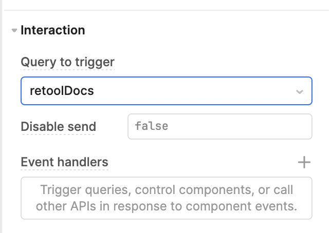 Using the Interaction section of a chatbox in Retool to trigger a query called retoolDocs.