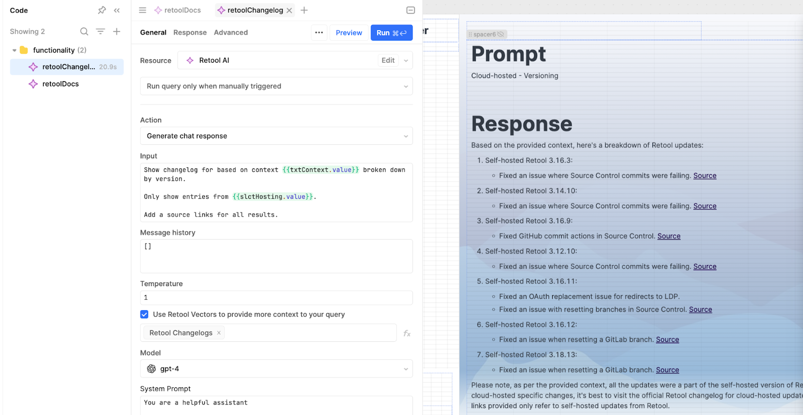 Retool Changelog with temperate set to 1 and GPT-4 set with a system prompt.