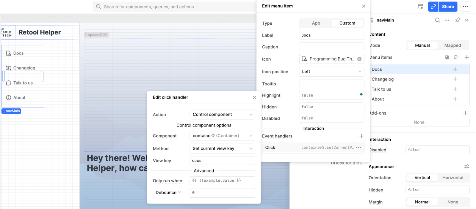 Using a click handler in Retool to change containers.
