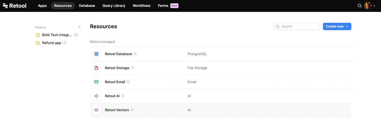 Resources page in Retool. 