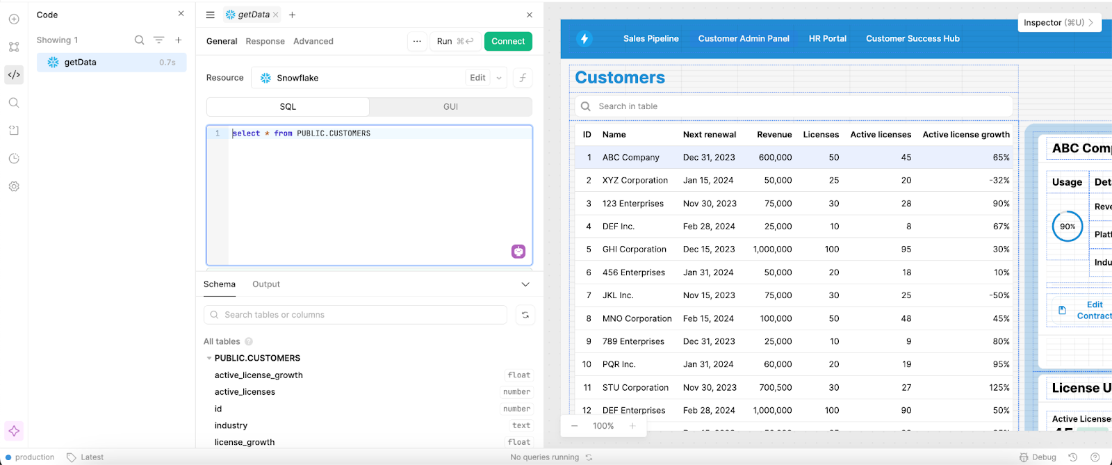 Retool workspace showing a query called getData and a customer pipeline.