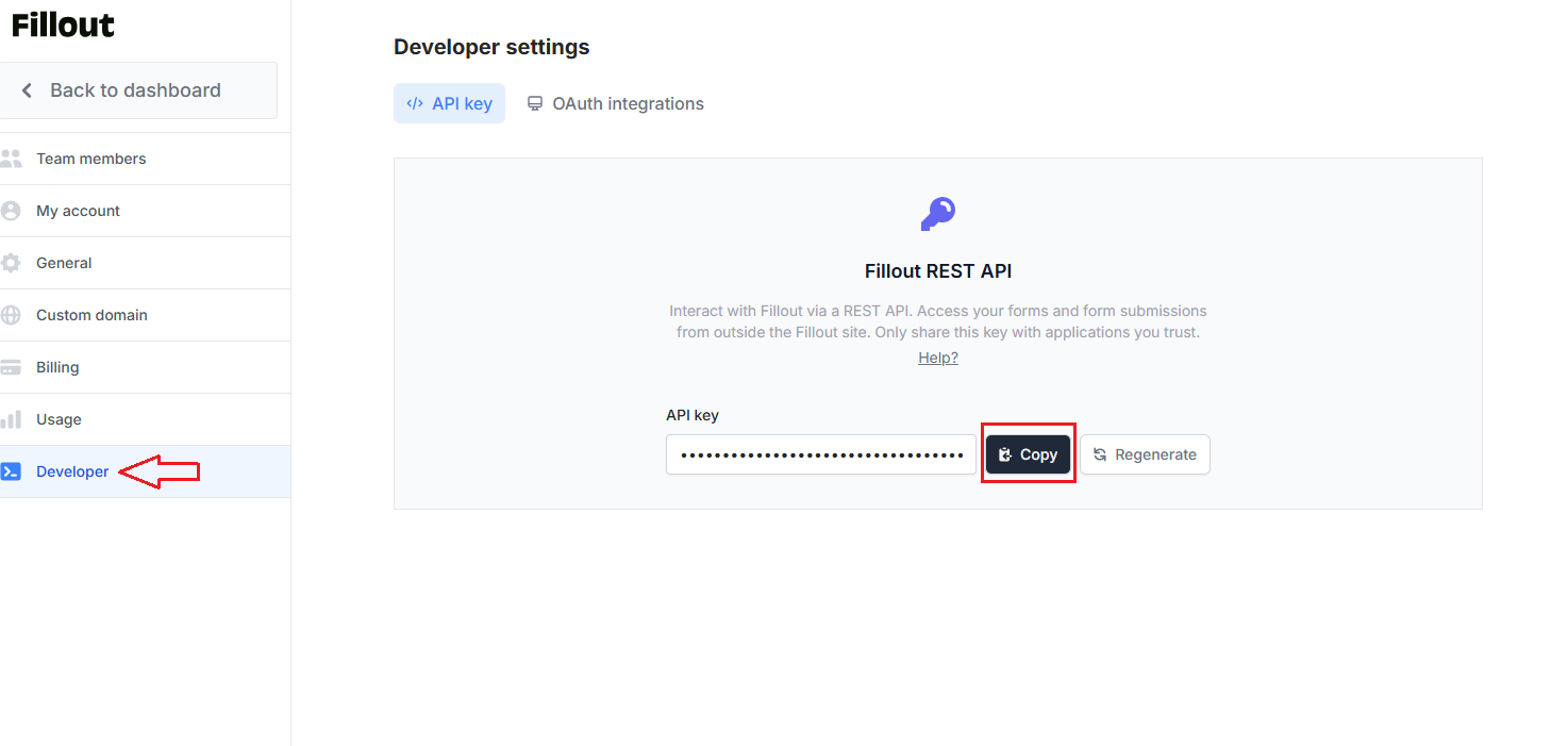 How to copy your API key in Fillout.