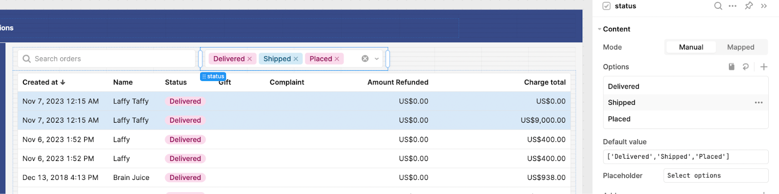 Multiselect filter for table component
