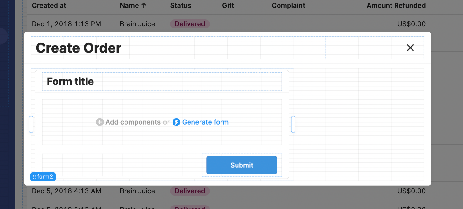 Modal option in Retool with form