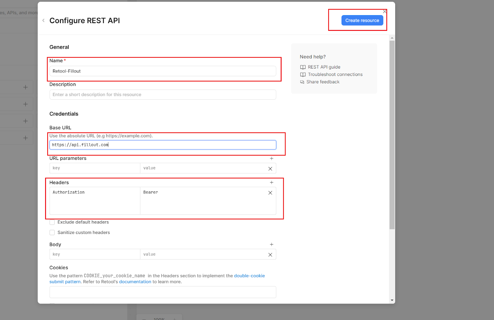 Settings for configuring a REST API resource in Retool.