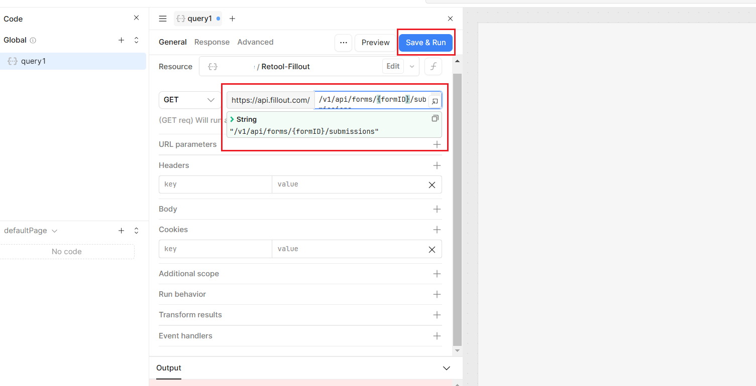 Settings for a query in Retool. The GET value and the Save and Run button are highlighted.