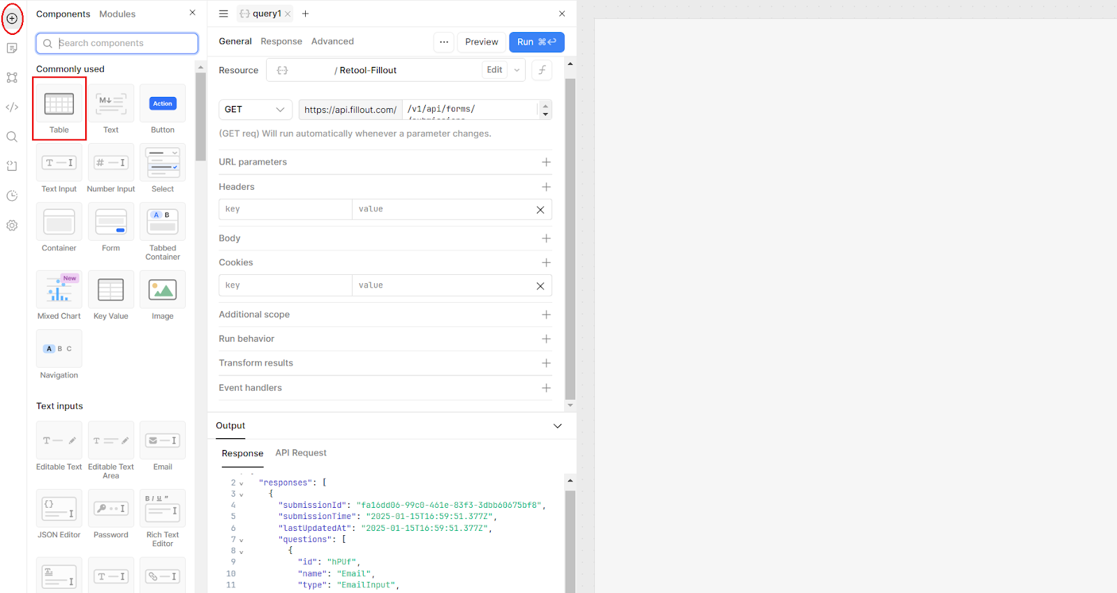 Left: Retool Components tree. Middle: query settings. Right: Empty space for building app.