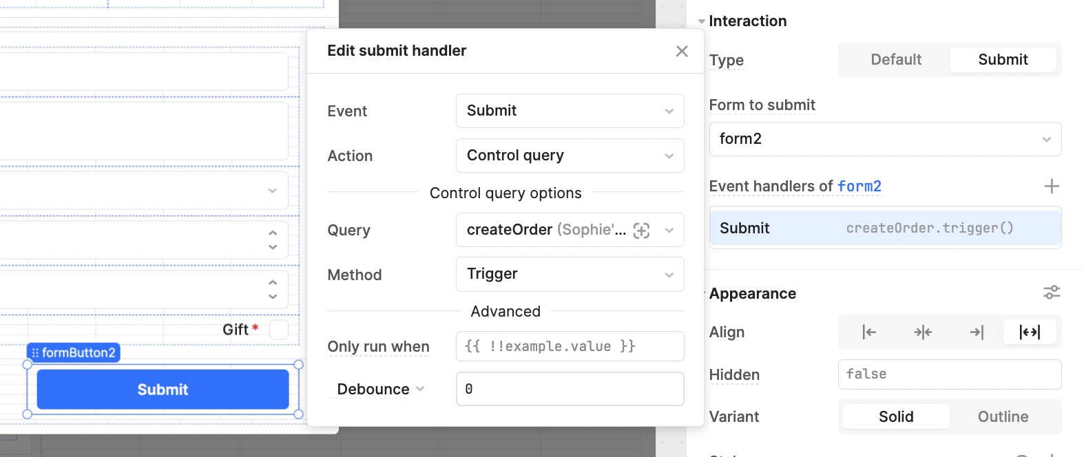 Click handler to submit new order 