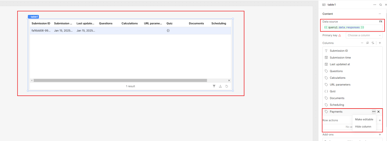 How to hide columns in a Retool table.