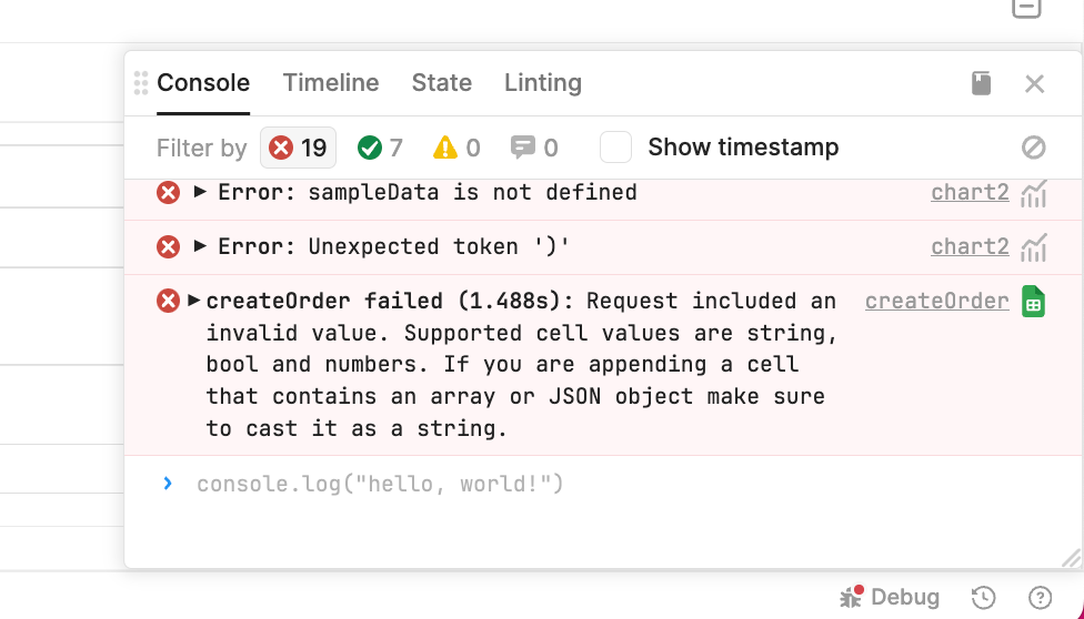 Debugger options in Retool