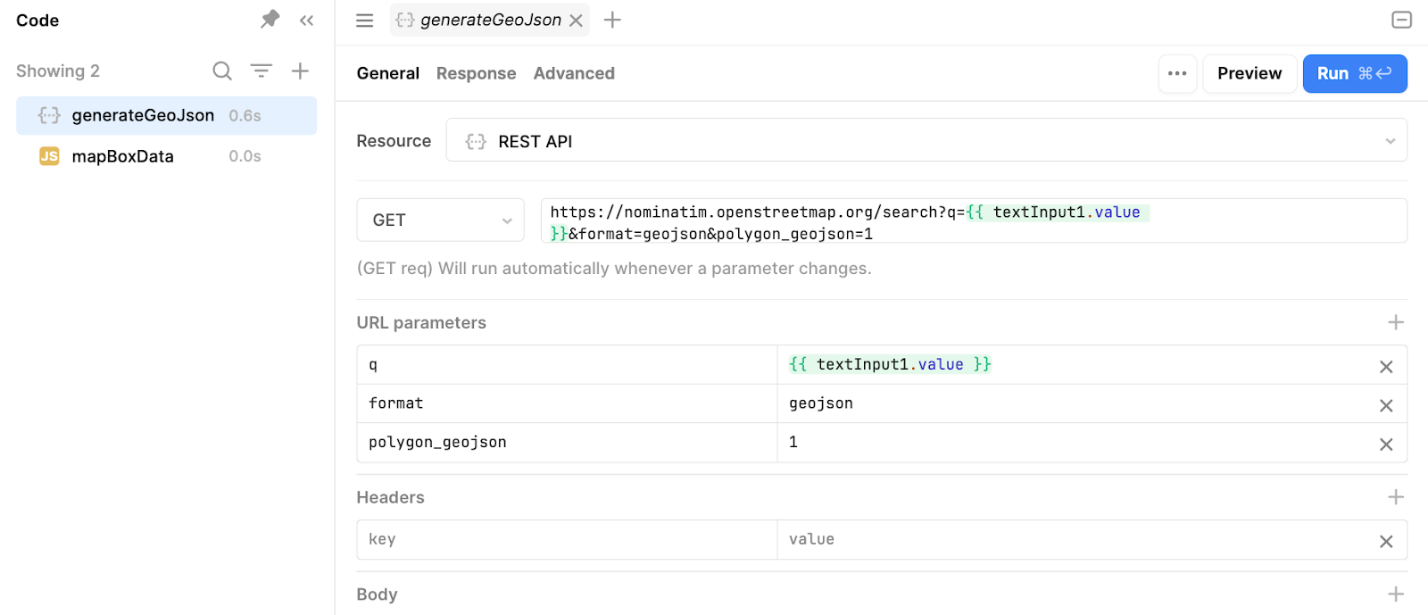 An API call in Retool called generateGeoJson.