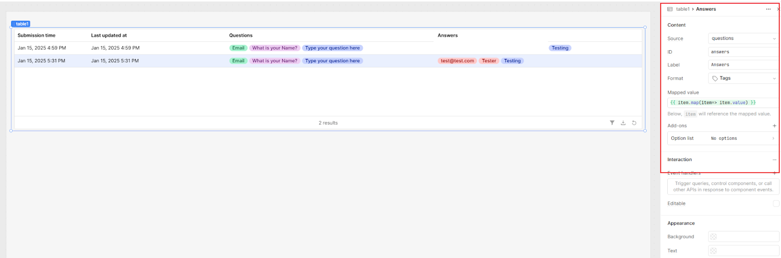Mapping values to a column in a Retool table.
