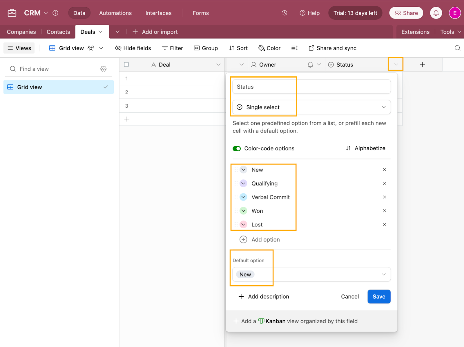 An Airtable database entitled Deals and containing the fields Deal, Owner and Status. Settings for Status field are displayed.