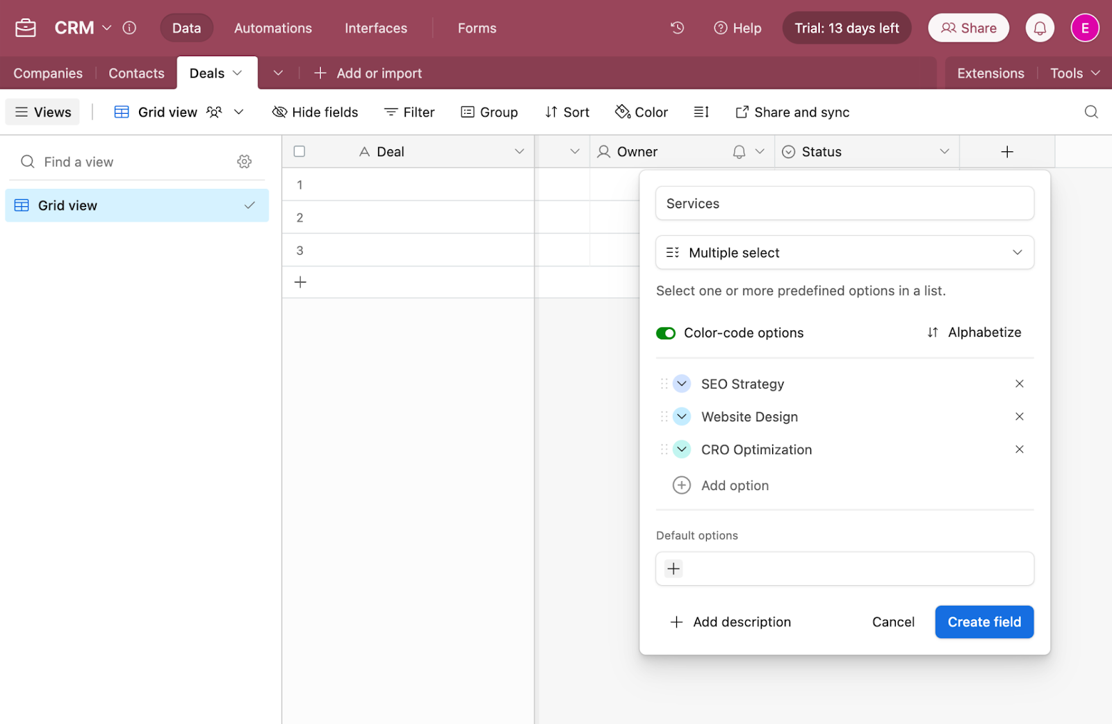Settings for a multi-select field, called Services, in an Airtable database.