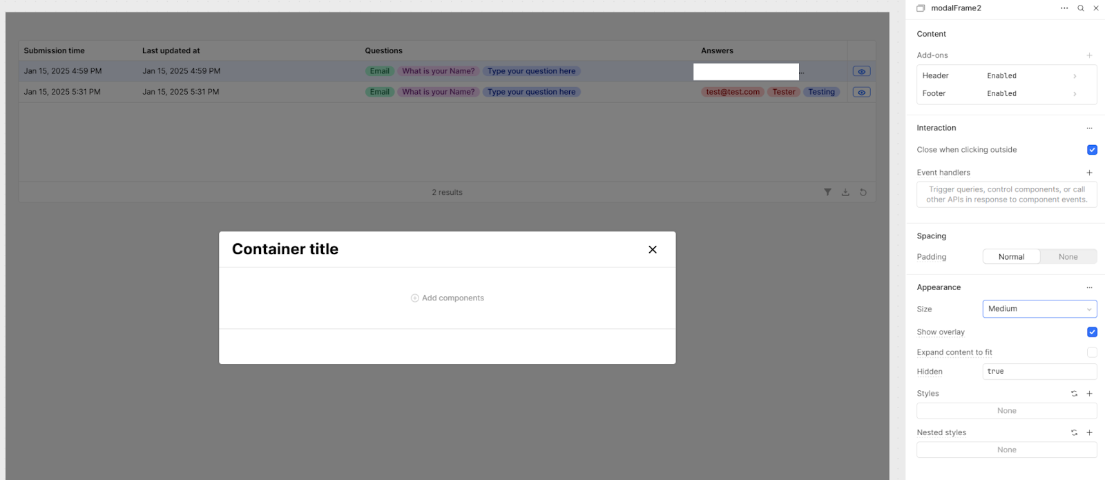 A Retool app with an open, empty modal.