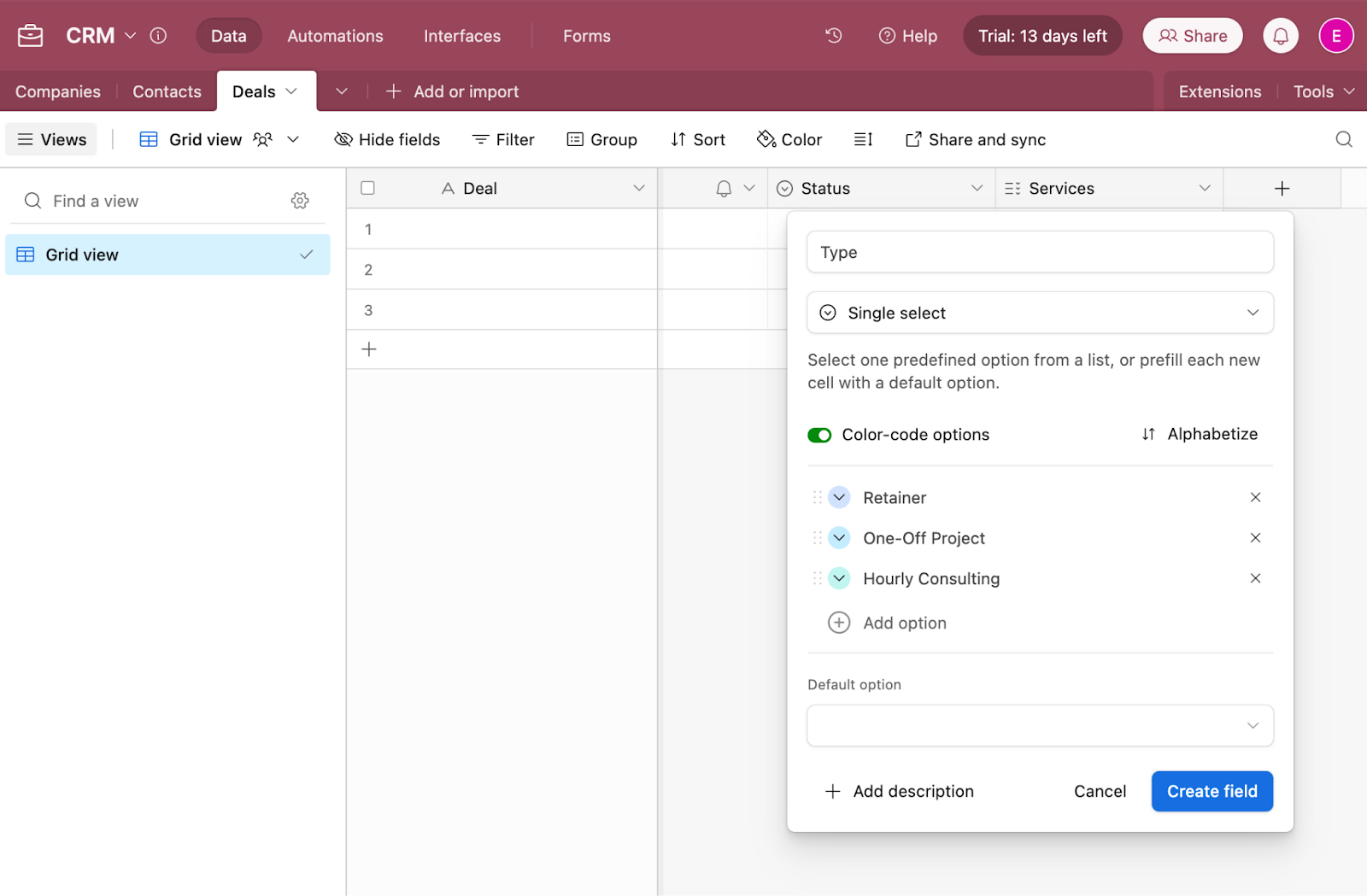 Options for a Single select field, called Type, in an Airtable database.