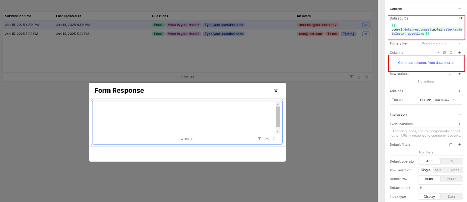 A Retool modal containing a table component which will generate columns from it's data source.