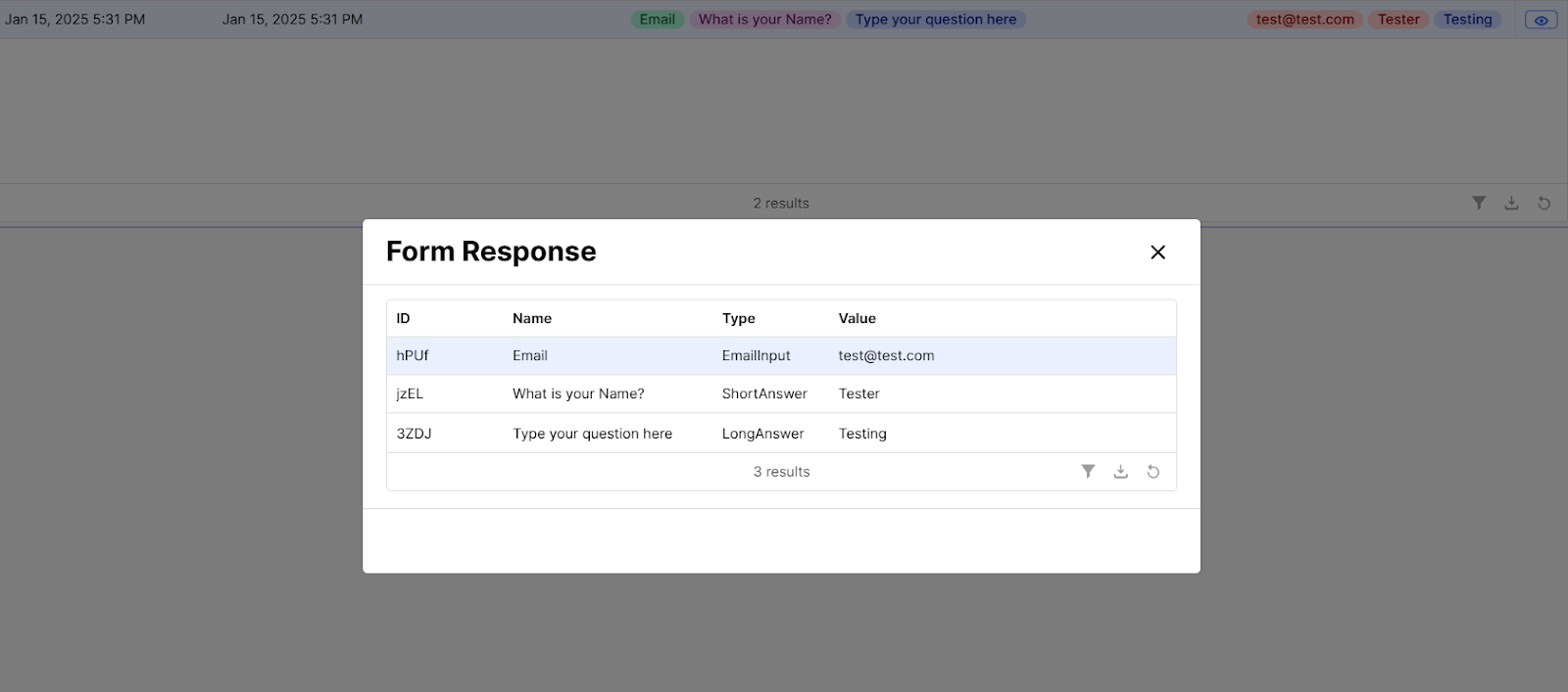 A Retool modal containing a table populated with data.
