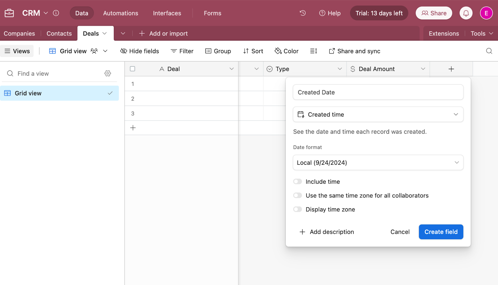 Options for a Created time field, called Created Date, in an Airtable database.