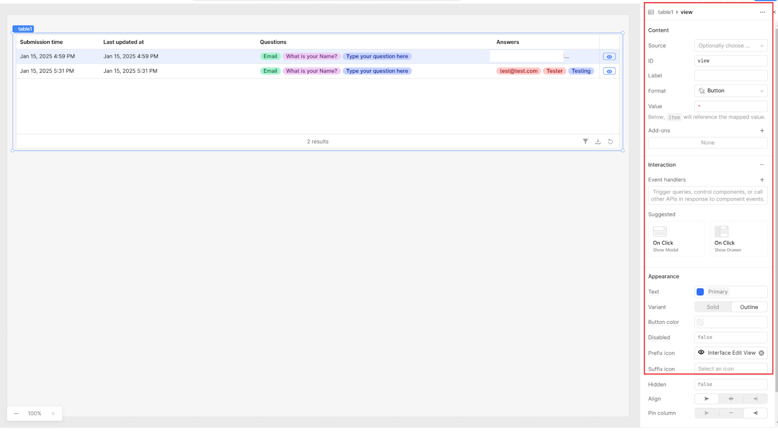 Settings for a Retool table column which has Button format.