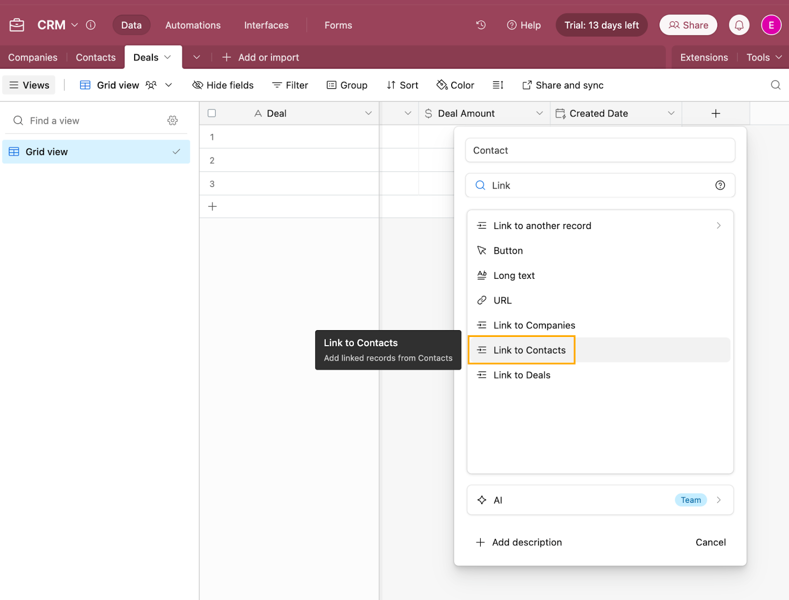 Adding a Linked field in an Airtable database.