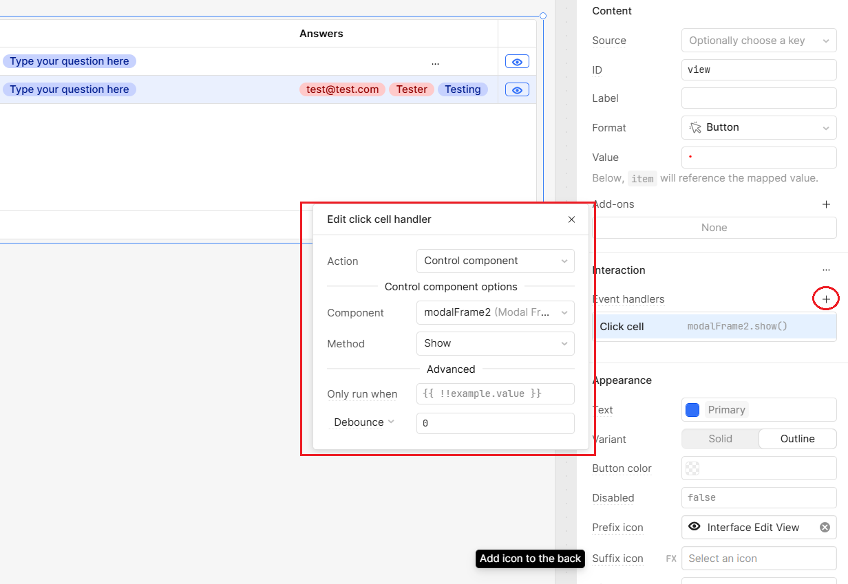 A click cell handler in Retool which causes a modal to open when the view button is clicked.