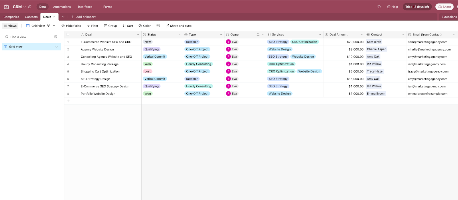 An Airtable database entitled Deals.