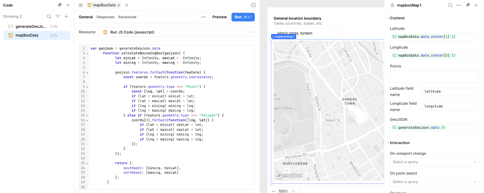 A JavaScript query in Retool to set center point and zoom level for a map in the Mapbox component.