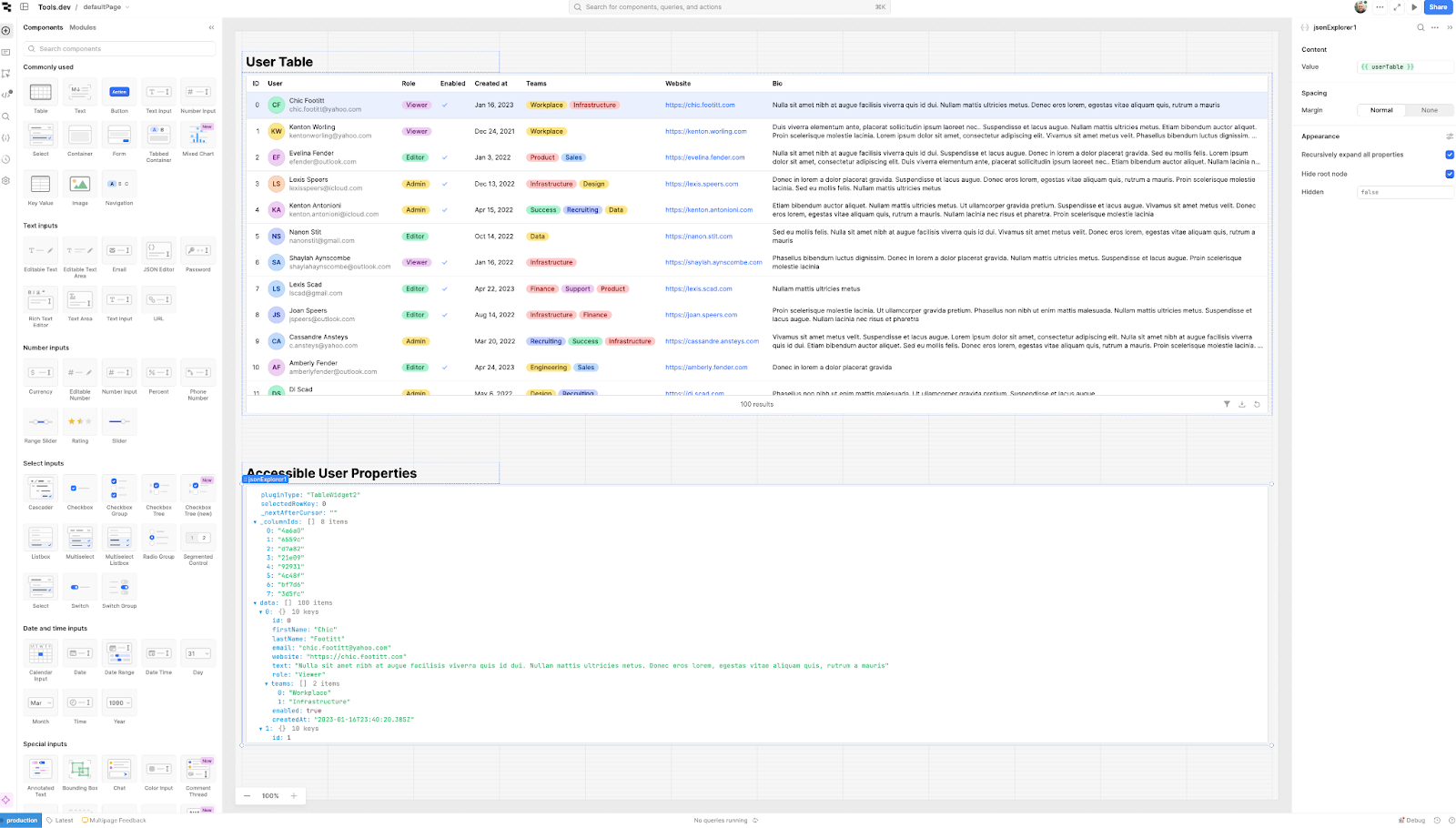 A Retool workspace showing components tree, a User Table and Accessible User Properties.