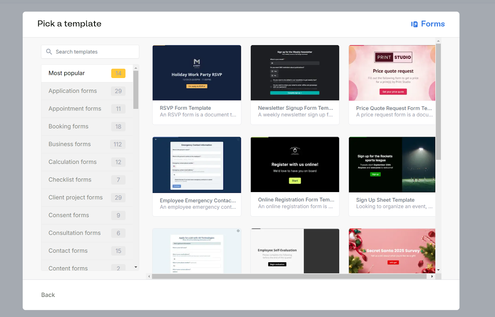 Some of Fillout's most popular templates.