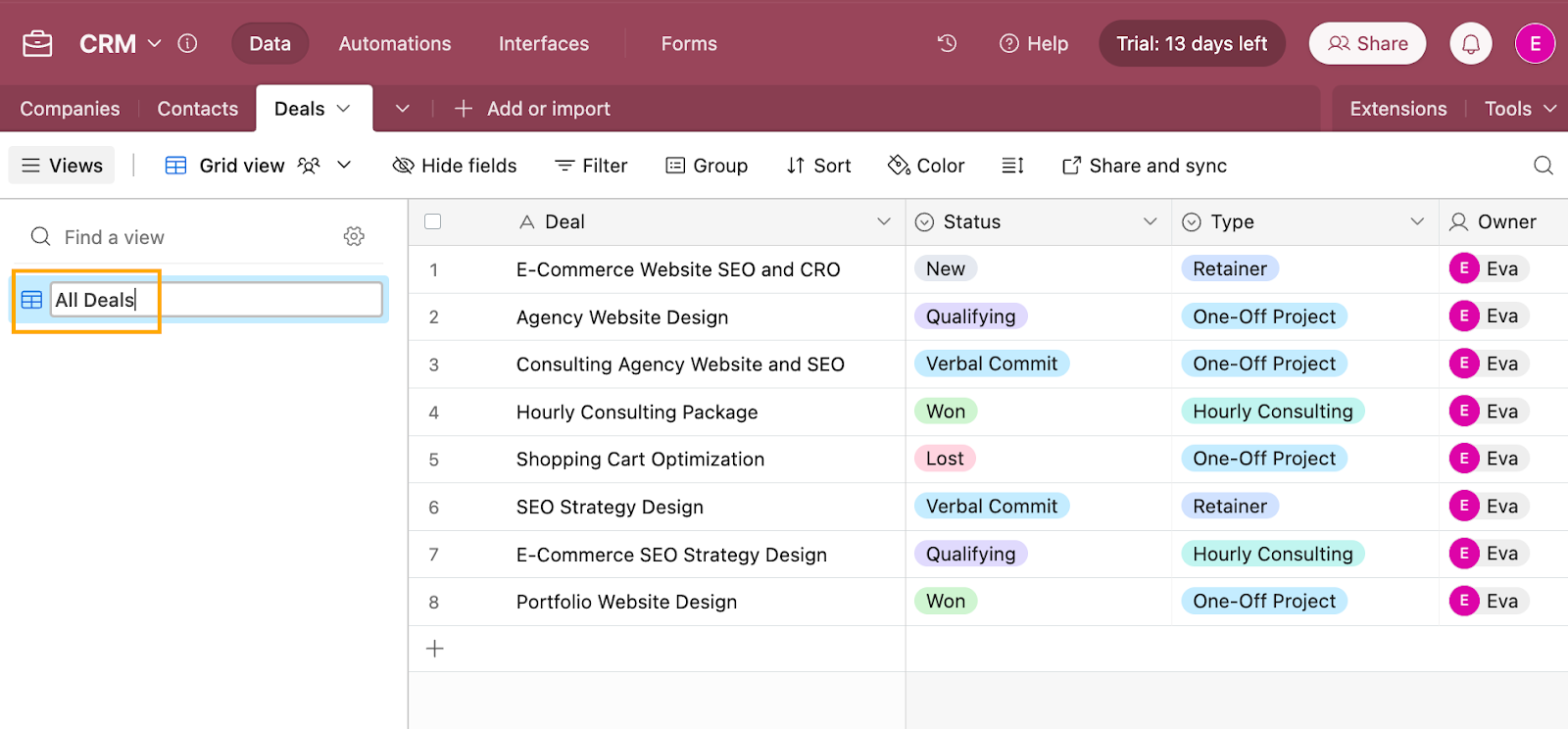 Renaming a database in Airtable.