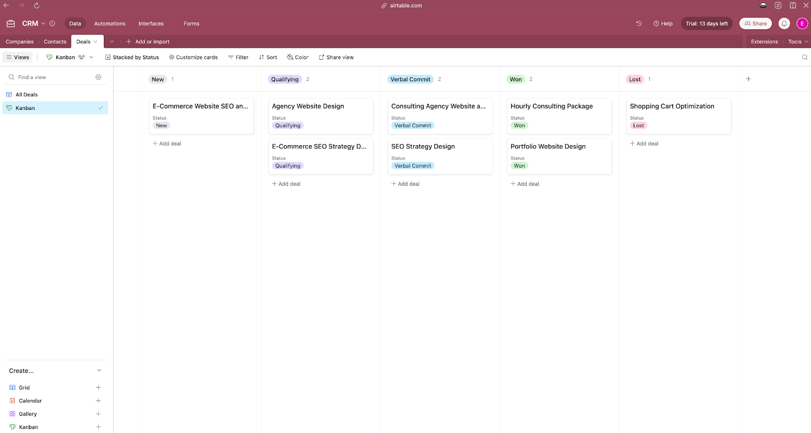 A Kanban view of an Airtable database.