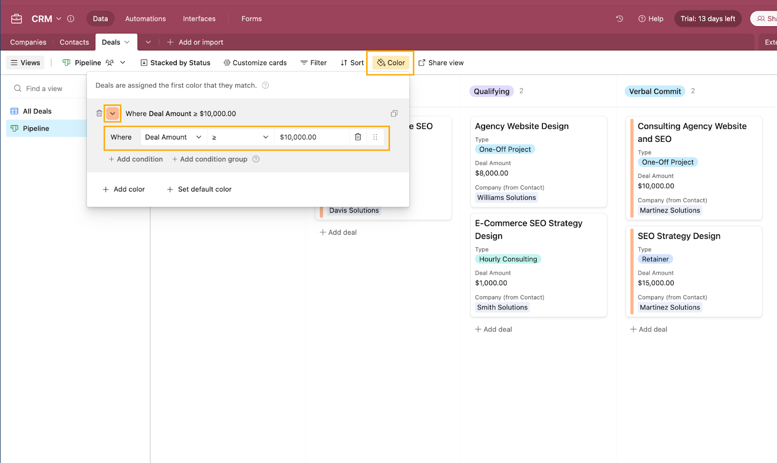 Changing color of Kanban cards in Airtable based on Deal Amount.