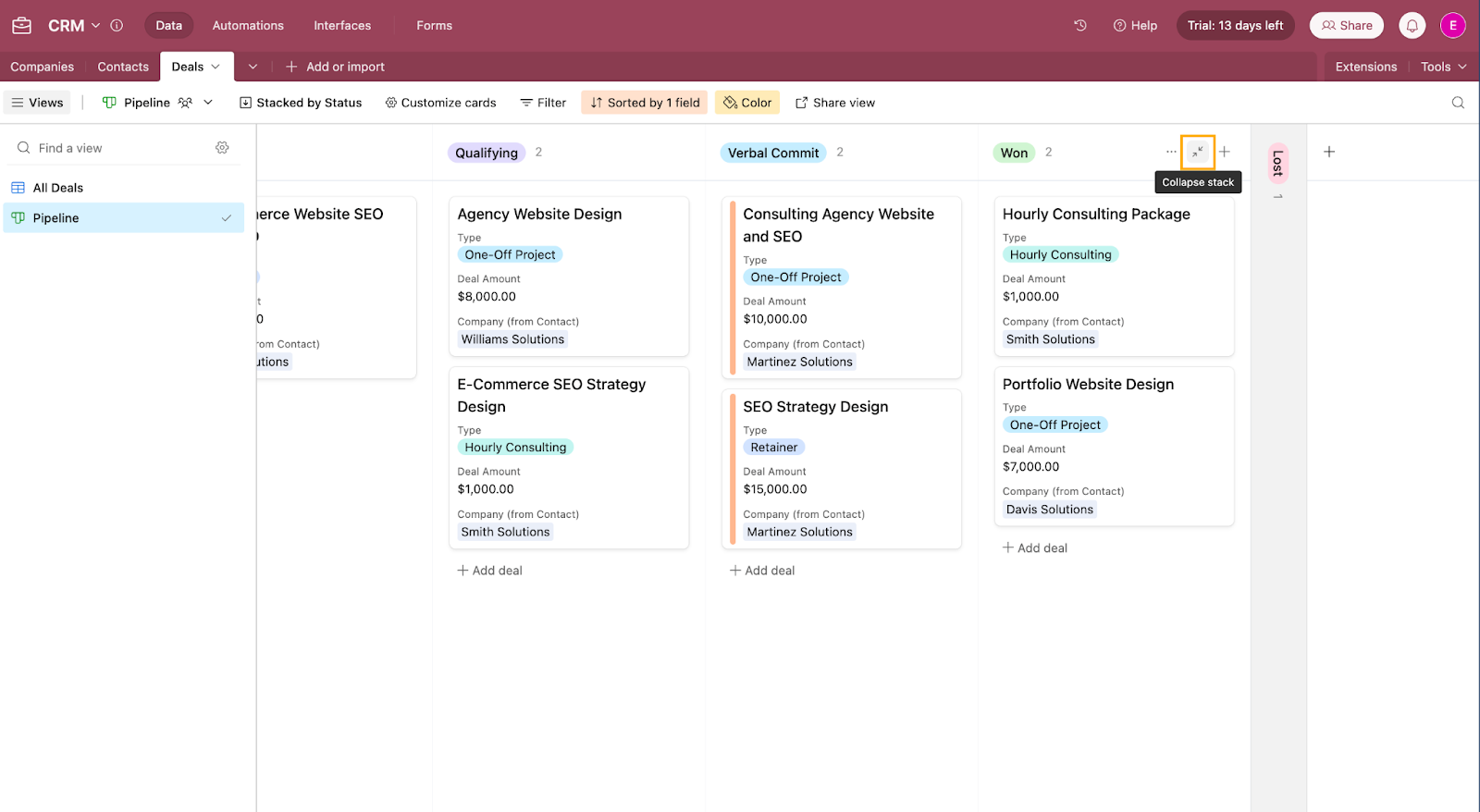 How to collapse a stack in the Kanban view in Airtable.