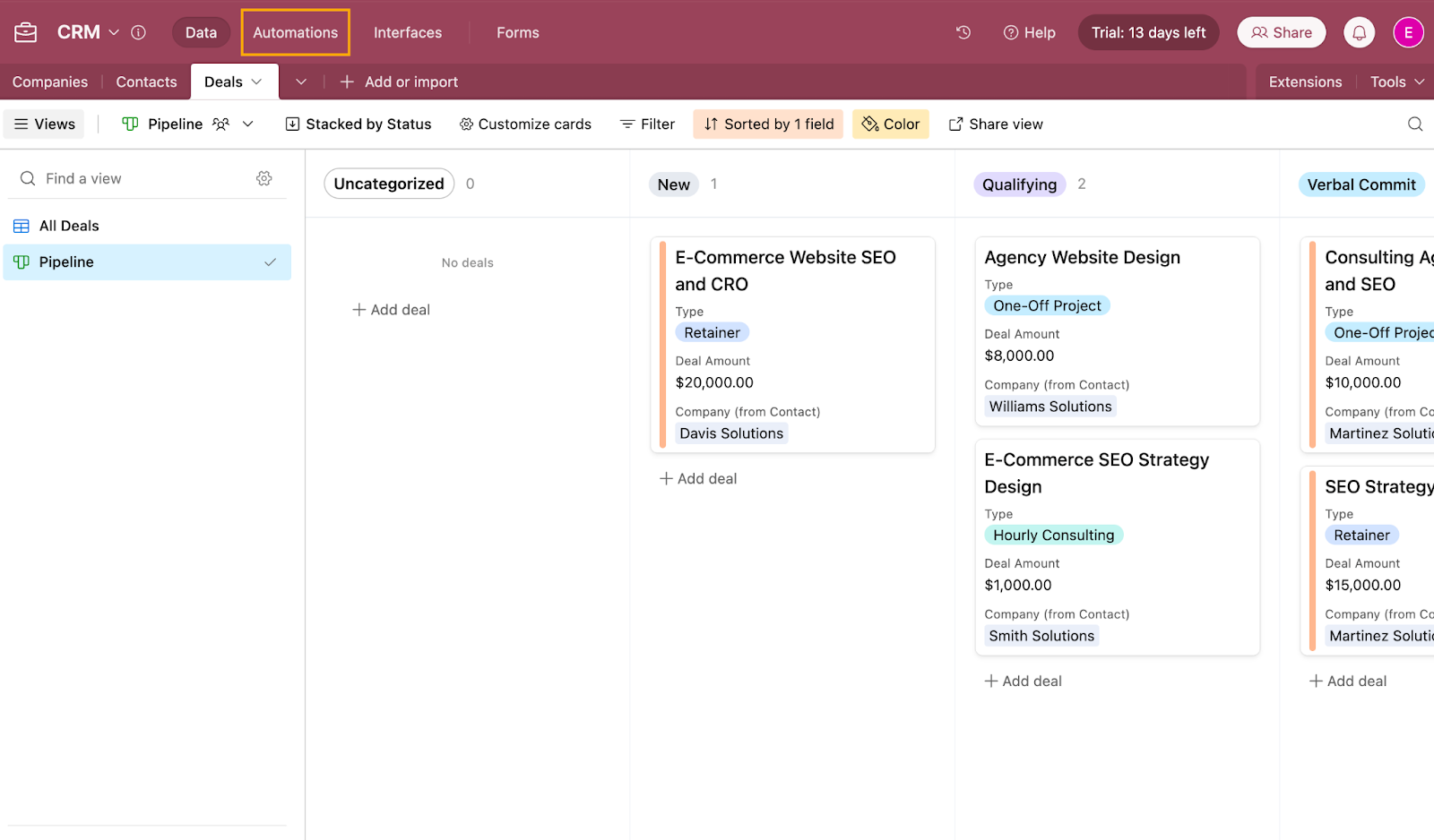 An Airtable app with the Automations tab highlighted in the main nav bar.