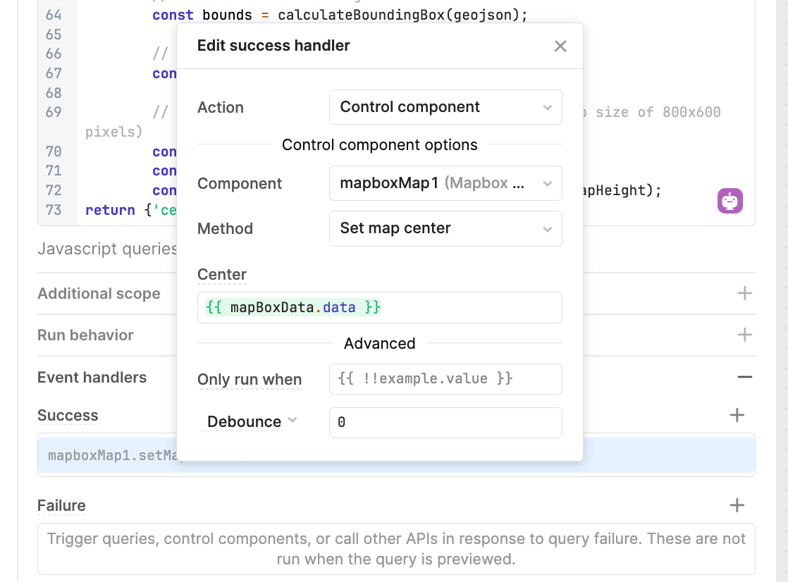 A success handler in Retool being used to update values in a Mapbox component when new text is searched.
