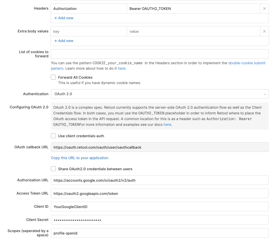 Retool's OAuth resource management section.
