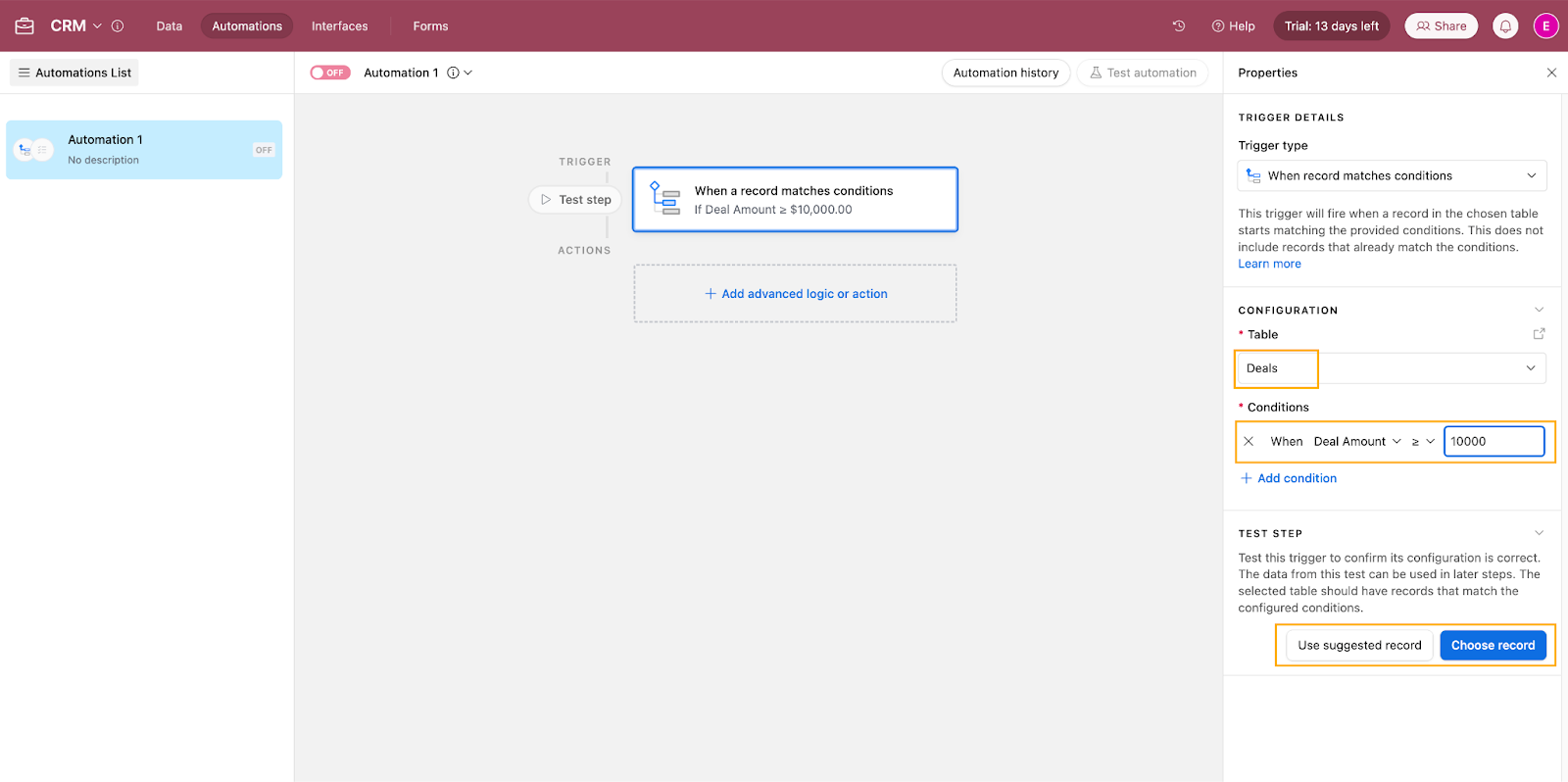 Settings for an Automation in Airtable that triggers when a Deal Amount is over $10,000.