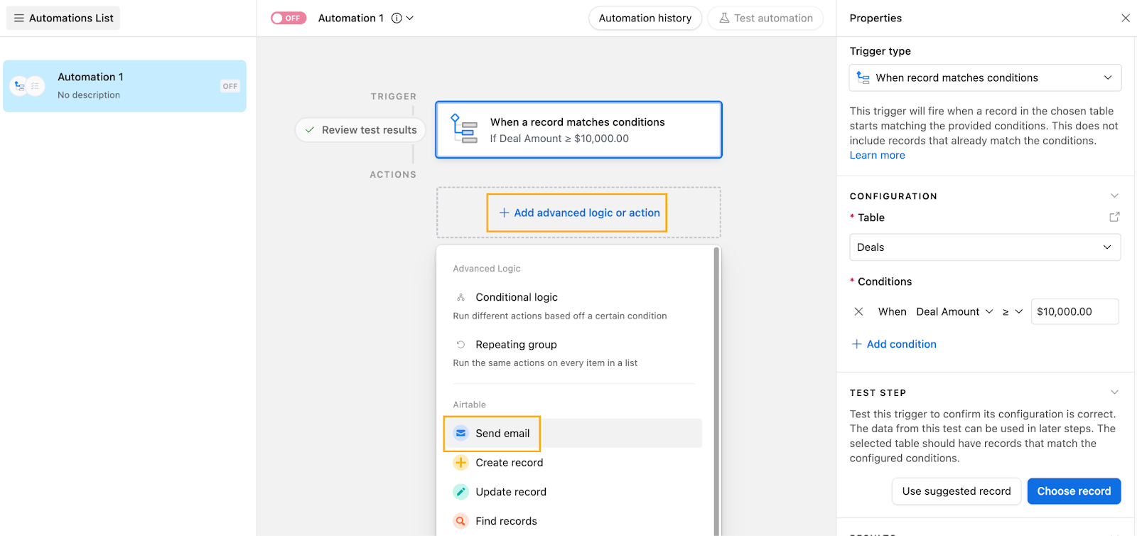 An Airtable Automation that sends an email when triggered.