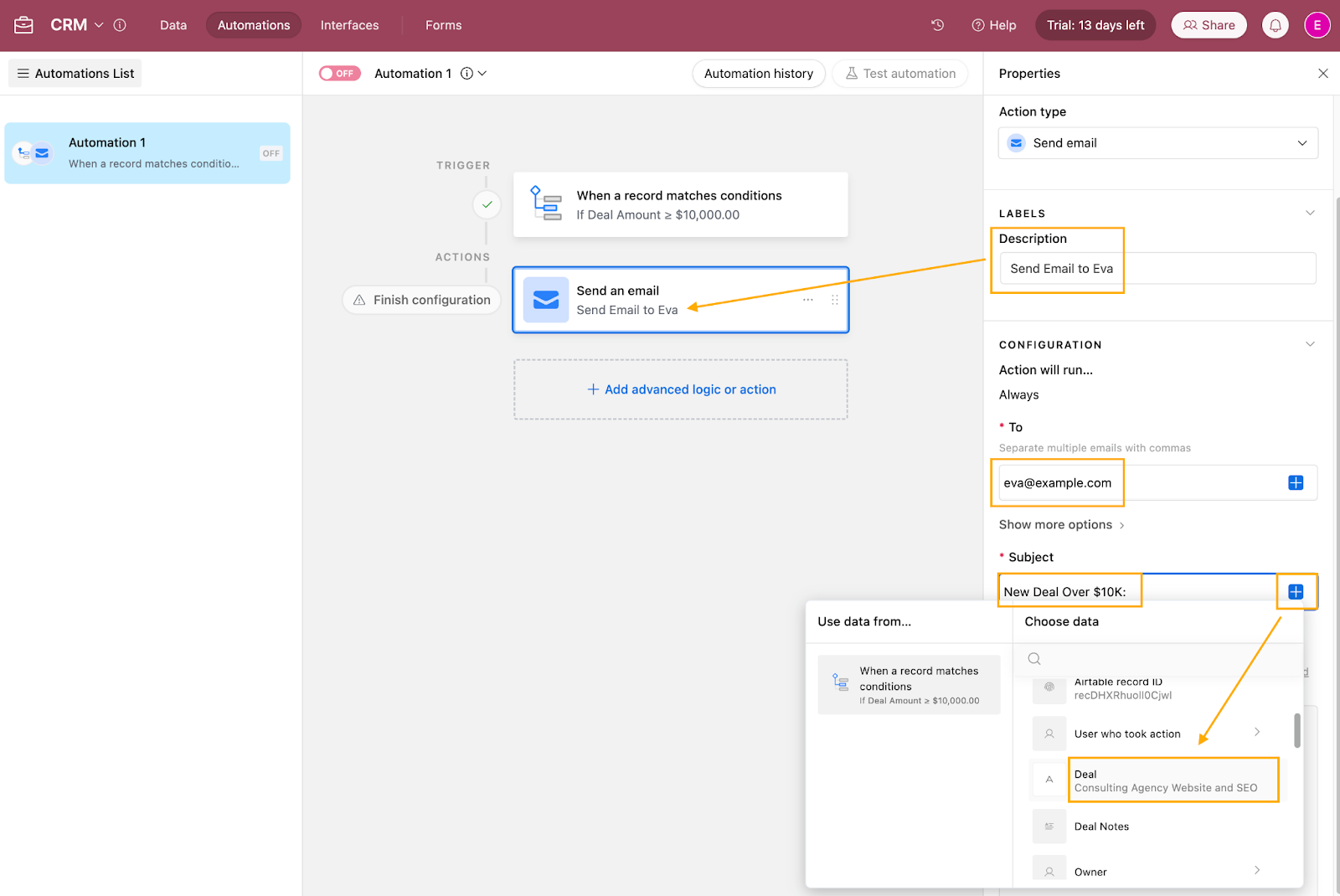 The email settings for an automation in Airtable that sends an email when triggered.