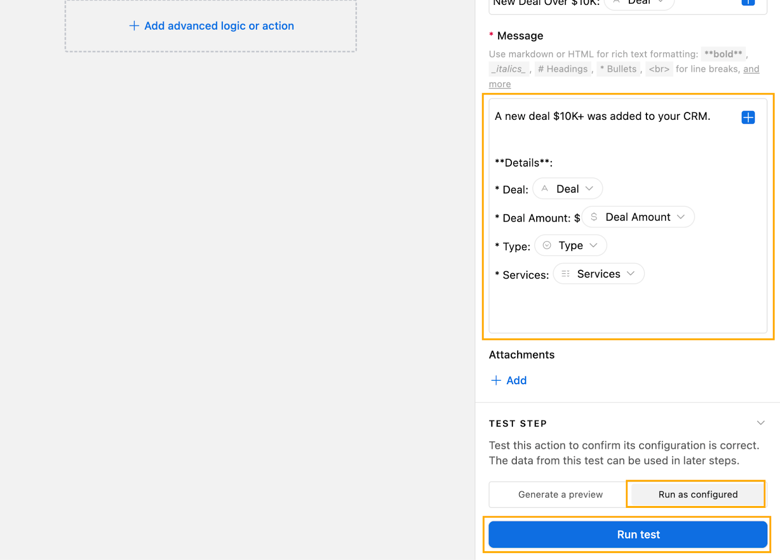 Structuring the email Message section of an Airtable automation that sends an email when triggered.